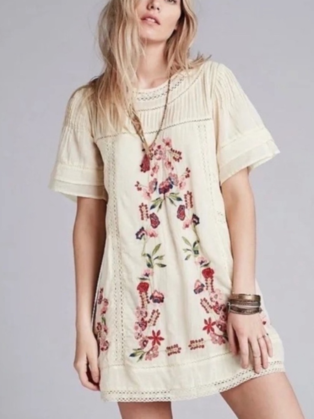 Free People Embroidered Boho Peasant Top - Cream with Pink & Red Floral